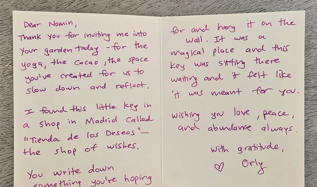 Orly's handwritten thank-you card to Nomin